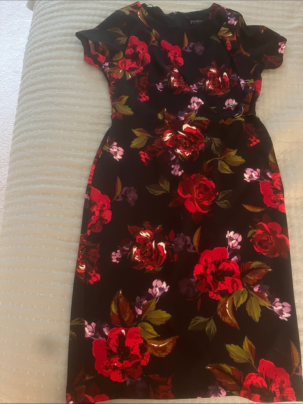 Enfocus Studio Black Midi Dress with Red Floral Print